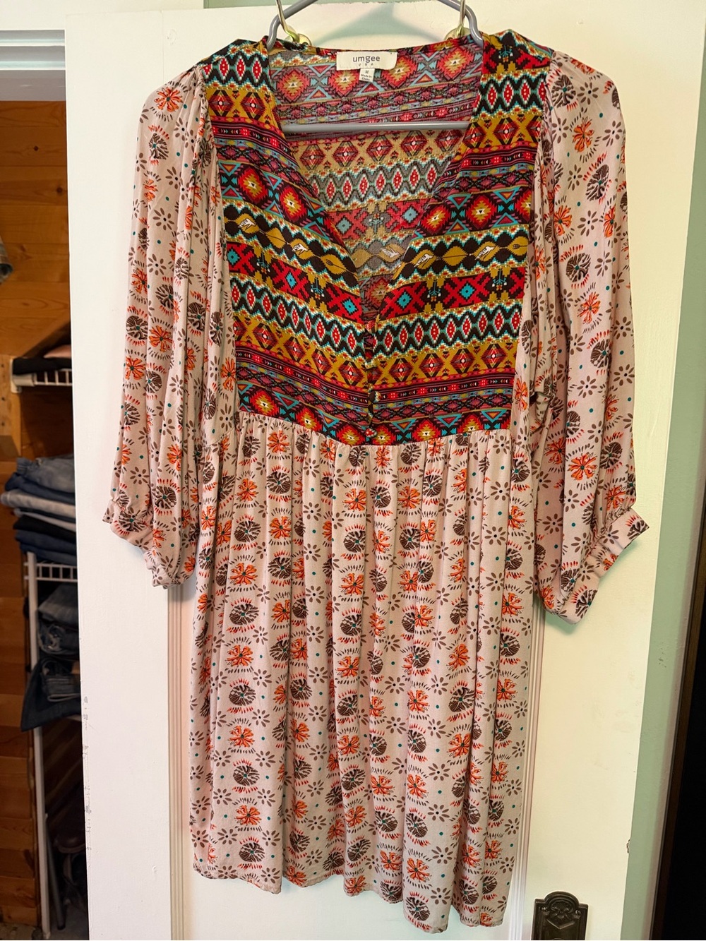 Umgee Blush Floral Dress with Multicolor Embroidered Yoke